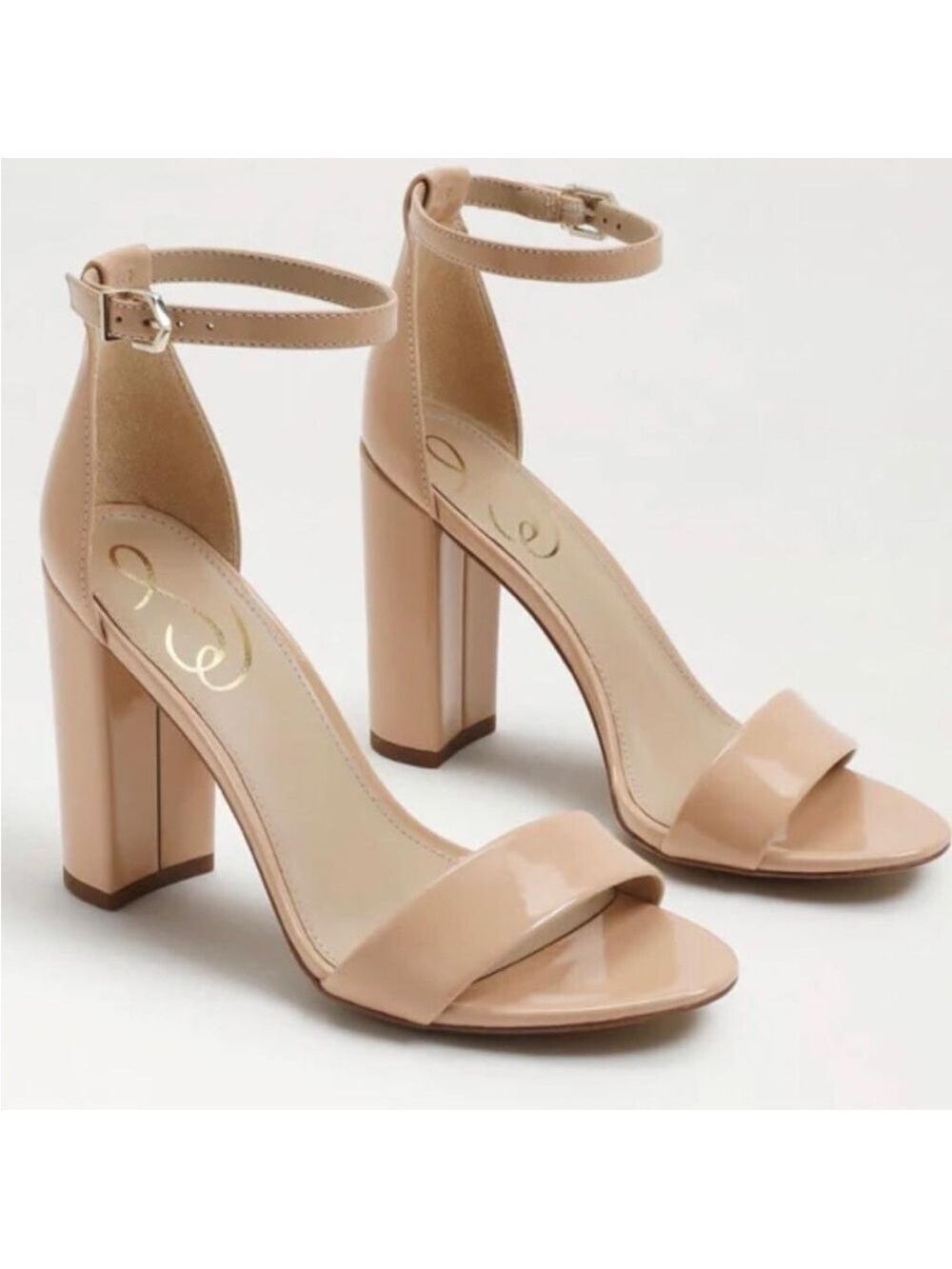NIB Sam Edelman Yaro Ankle Strap Block Heel Sandals in Patent Beige Blush